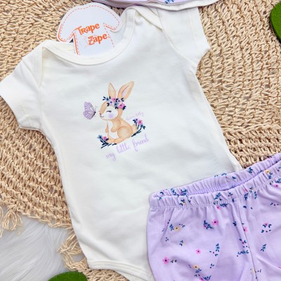 Conj. Body My Little Friend, Bucket e Short Florzinhas - Lilás e Off White